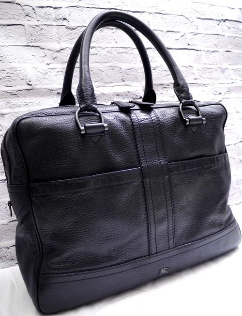 28万美品★BURBERRY PRORSUM バーバリープローサム 男女可 A4対応 ビジネス可 大容量 ボストン型 レザー バッグ 黒★ 希少な大容量モデル♪