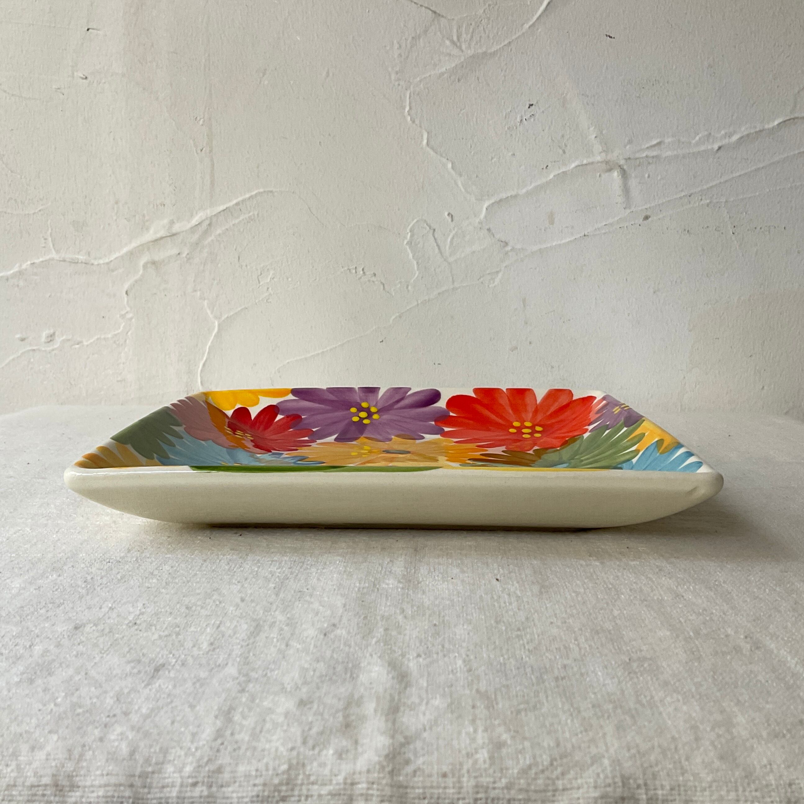 スペイン陶器】正方形プレート(カラフル花) | 照明＆エシカルライフ