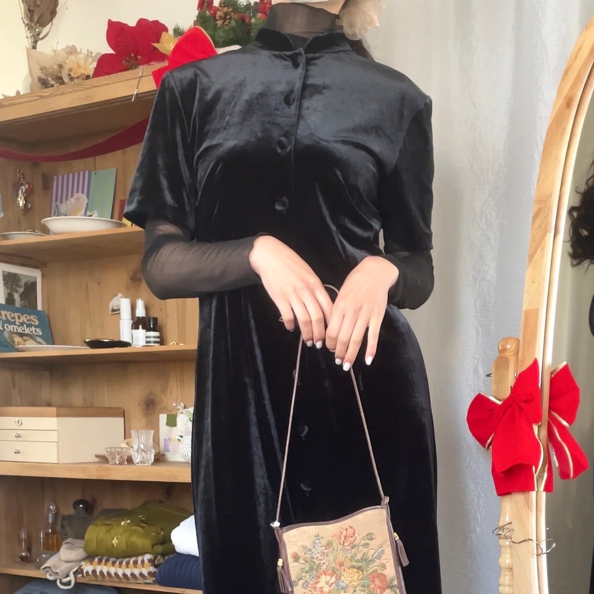 ベロアロングドレス チャイナ ブラック