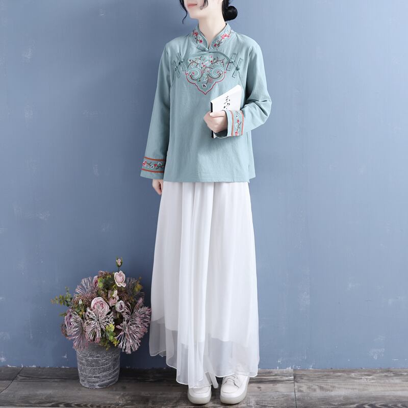 清裊シリーズ チャイナ風トップス 4カラー 花柄 配色 棉麻 ホワイト 青緑色 ピンク イエロー 中華服 改良唐装 Elegant