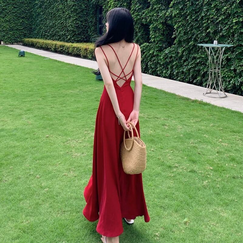 スプリングドレス スタンダードレッドサテンバッククロスAラインロングスカート レトロ 春物 1号婦人39984086112