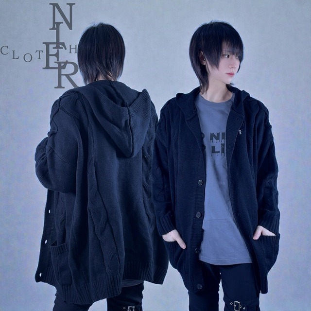 ケーブルニット編みフード付きBLACKカーディガン