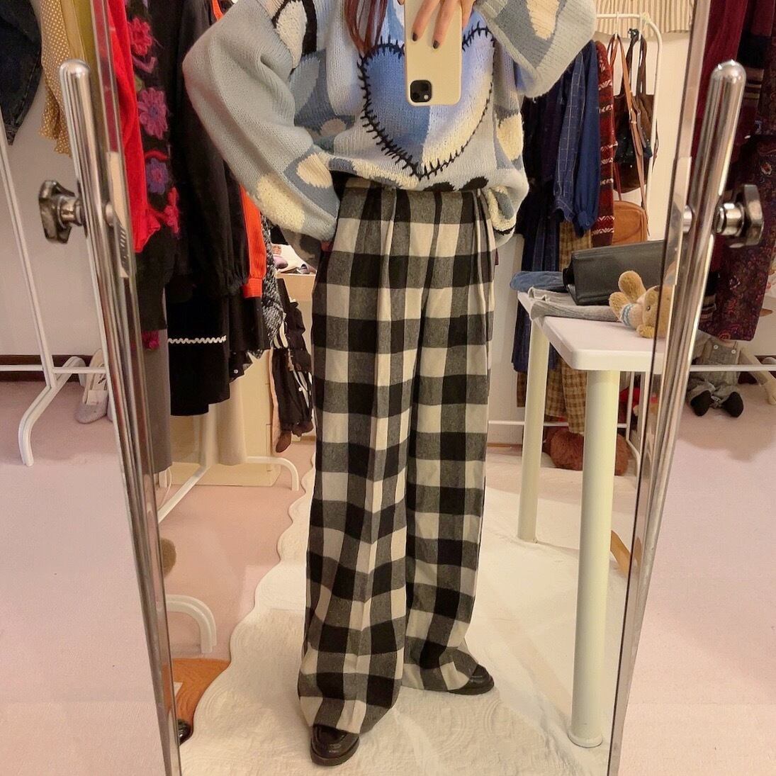 block check wool wide pants