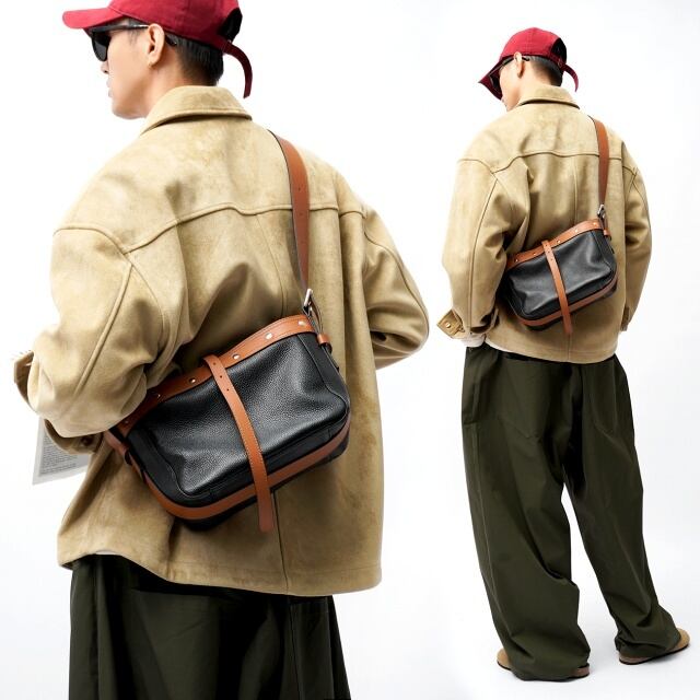 【予約販売】ショルダーバッグ シンプル メンズ カジュアル ミニバッグ ブラック 牛革 斜め掛け 黒 ブラウン シック こなれ感 お洒落 韓国 トレンド