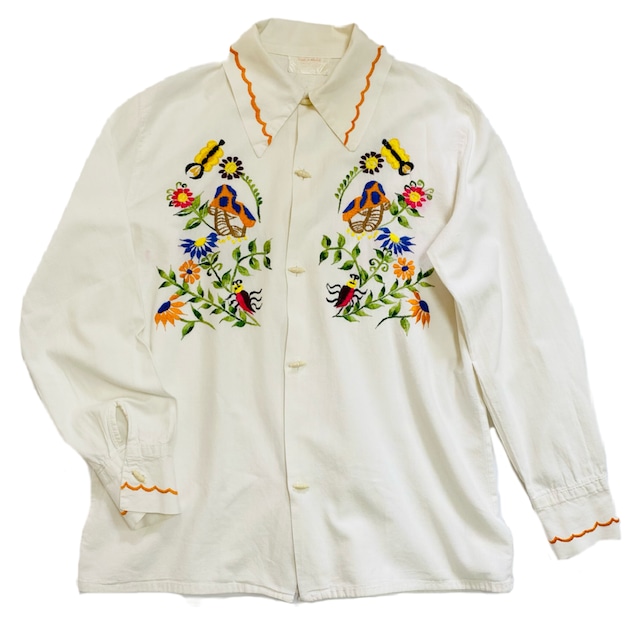 Mexico vintage embroidery shirt ／古着 キノコの花 刺繍 シャツ