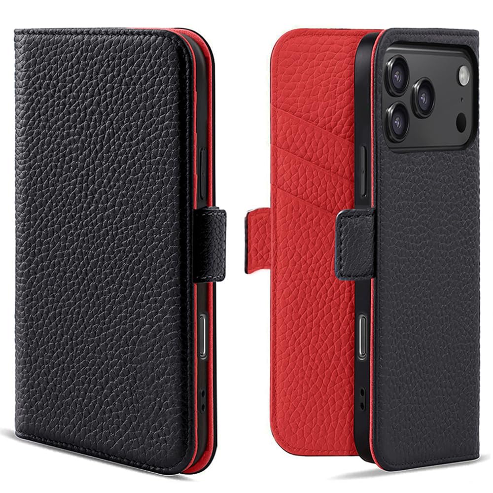 Kahper iPhone 18 Pro/17 Pro 用 ケース 手帳型 メンズ バイカラー いphone17pro 用 ケース 軽量 薄型 レッド
