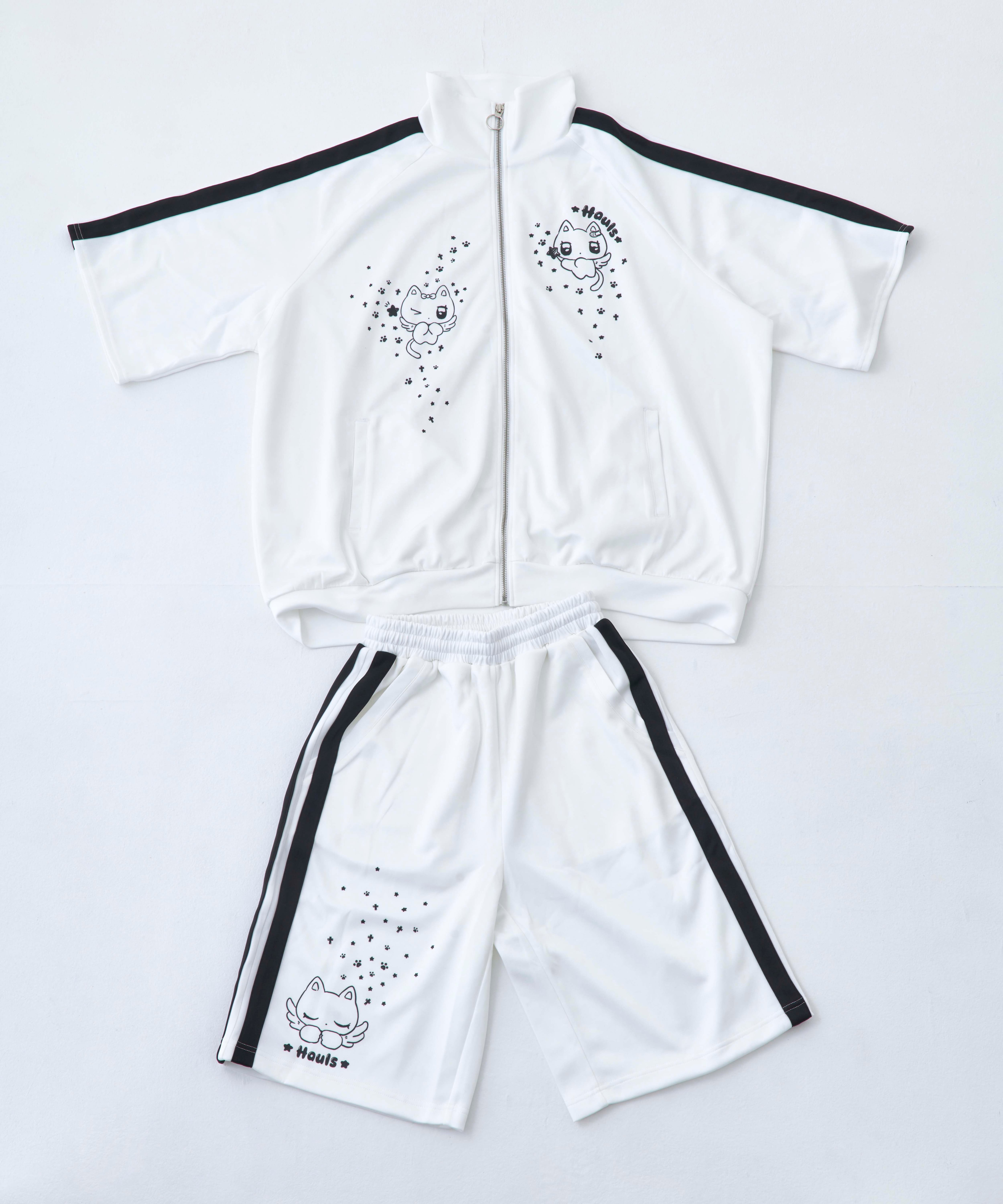 Hauls にゃんこ顔文字半袖ジャージセットアップ はう るず　White にゃんこ顔文字半袖ジャージセットアップ | Hauls