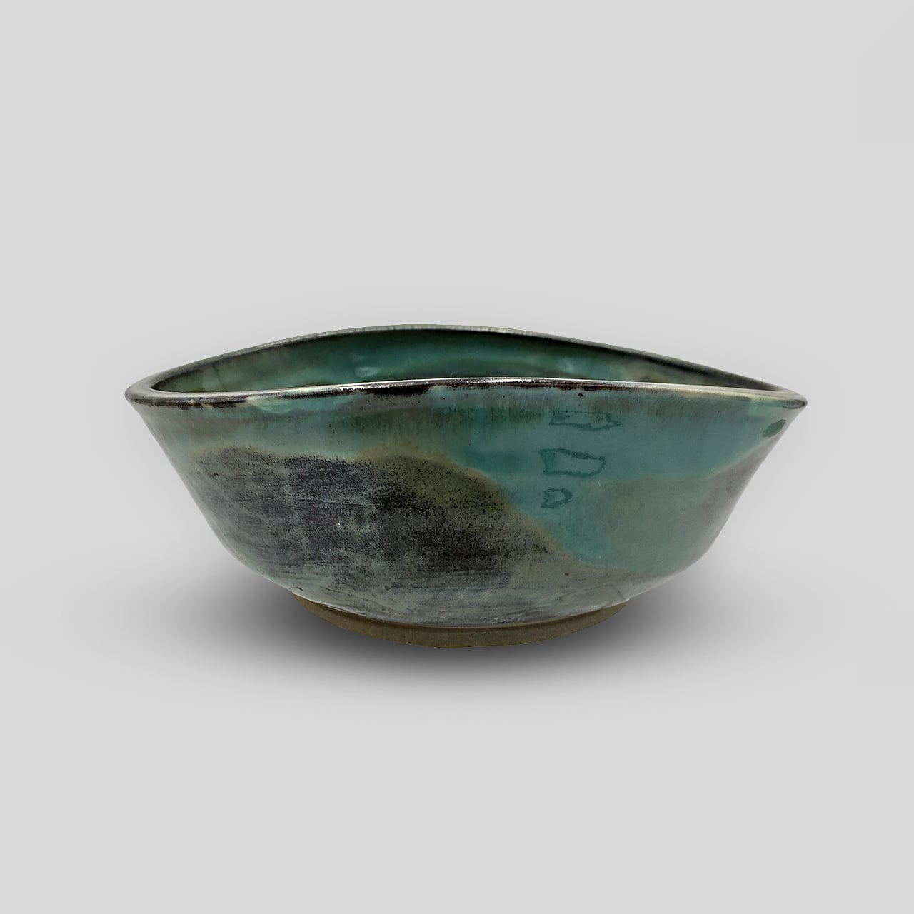 一点もの】小鹿田焼 小袋窯 7寸中鉢 変形型 緑 幅約22cm 花器 陶器 和