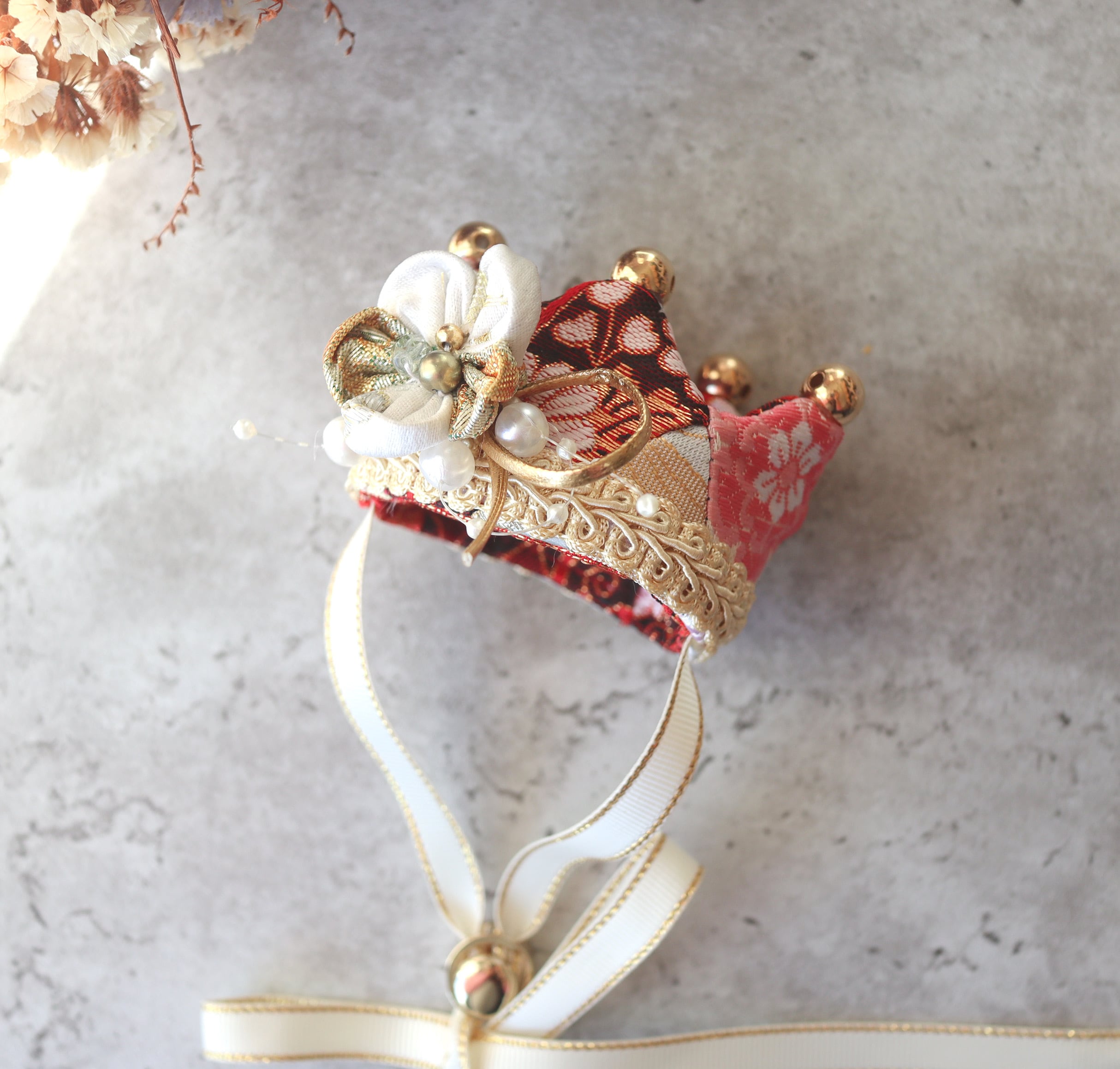 お正月仕様和風つまみ細工(橙色)わんちゃん猫ちゃん用襟つき首輪 和風つまみ細工付き(黄色①)わんちゃん猫ちゃん用襟つき首輪 お正月仕様(