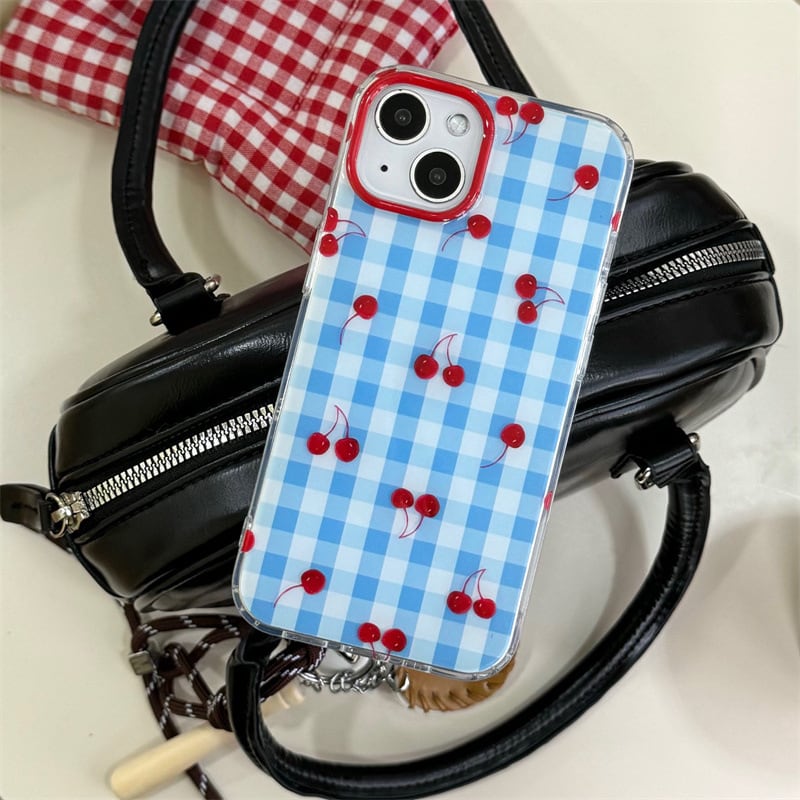 ブルー×レッドがおしゃれさん◎さくらんぼ チェック柄 韓国ケース