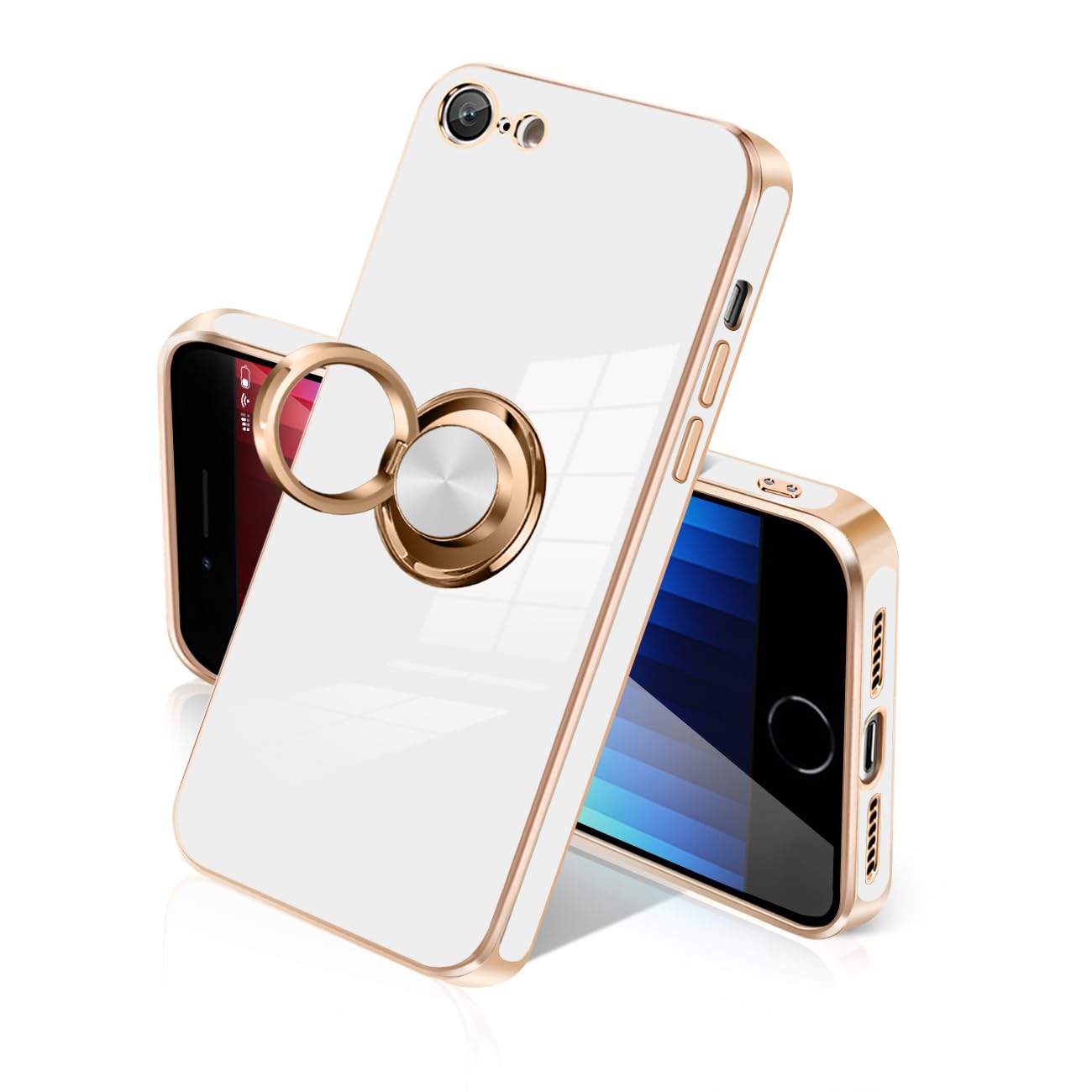SIGAILOI iPhone SE ケース 第 3 世代 第 2 世代 リング付き カバー メッキ加工 耐衝撃 車載ホルダー 360°回転 スタンド機能 ストラップホール付き 米軍 MIL 規格 SGS 認証 TPU 滑り止め 衝撃吸収 携帯ケース カメラ保護 ソフト ケース 4.7 インチ ホワイト
