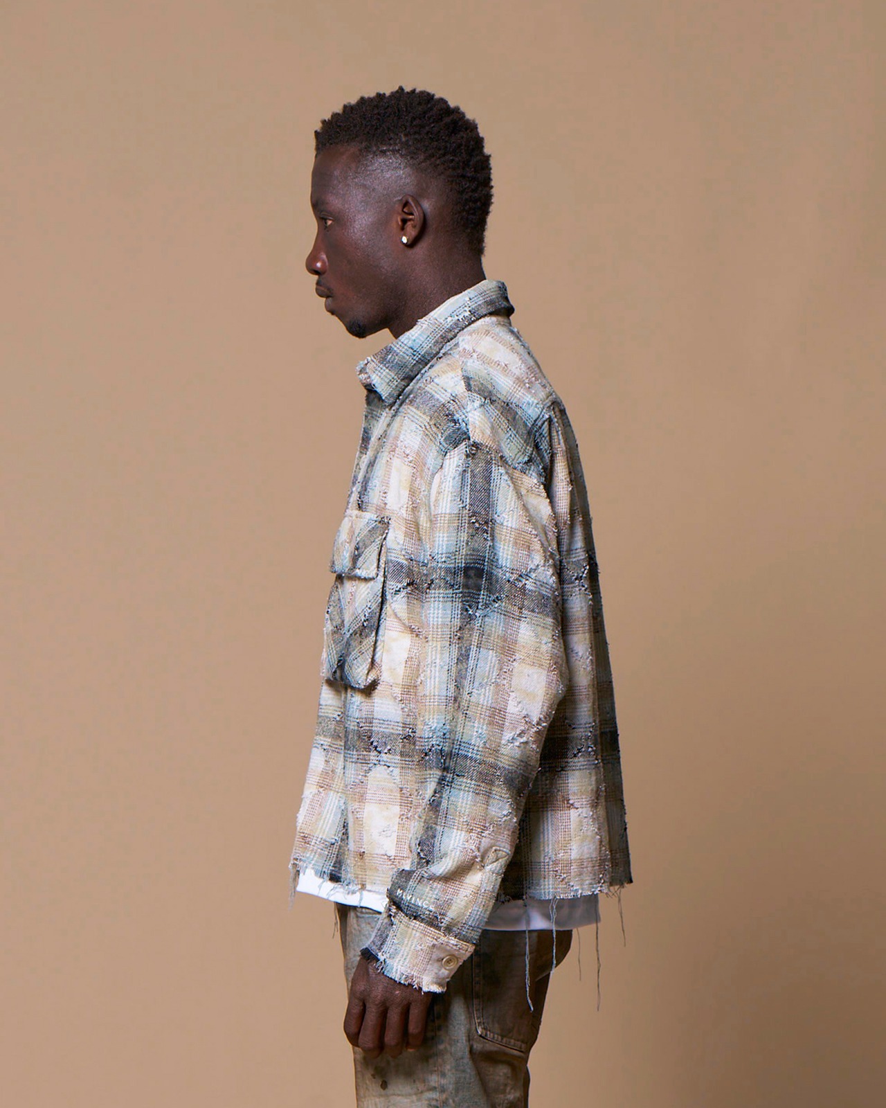 MLVINCE / distress check shirts blue