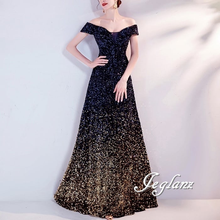 パーティ イブニングドレス グラデーション オフショル 編み上げ 光沢感(M8946)ζ