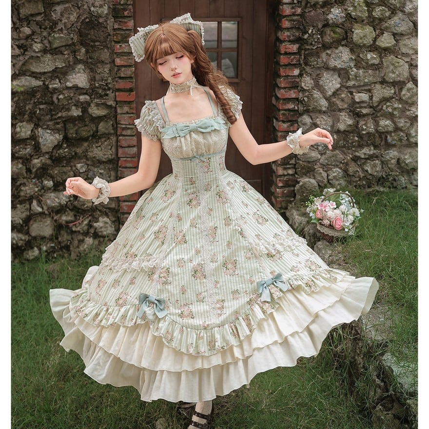 ロリータファッション クラシカルロリィタ ミント薔薇柄ロング