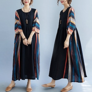 ROUND NECK 3/4 SLEEVES WIDE LONG DRESS 1color M-5126