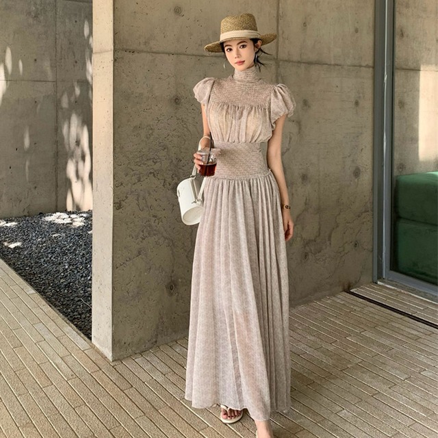 ワンピース パフスリーブ フレンチレトロ ハイネック ロング丈 S M L