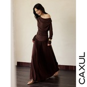 Drape Neck Top & Flare Long Skirt SET-UP / 2color