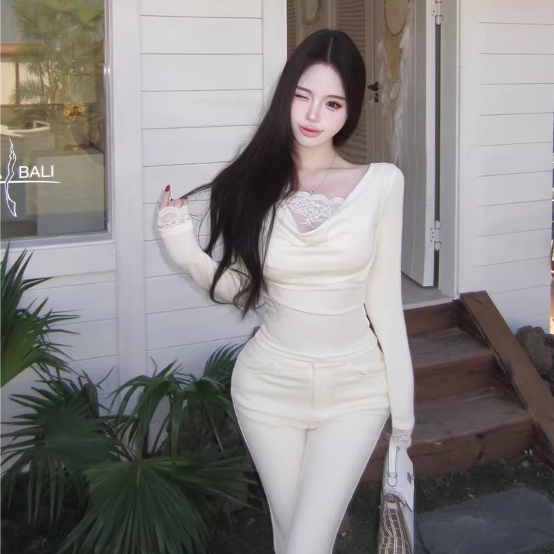 【tops】レースドッキングドレープドネックトップス Q8447