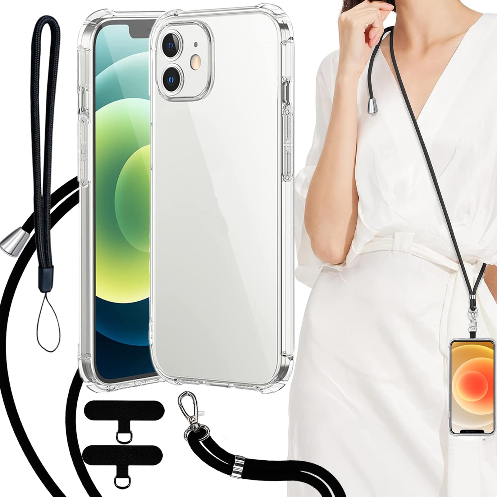 【WenziLior】 iPhone 12 mini 用 クリアケース ストラップ付き TPUケース プレート2枚付属 ショルダー対応