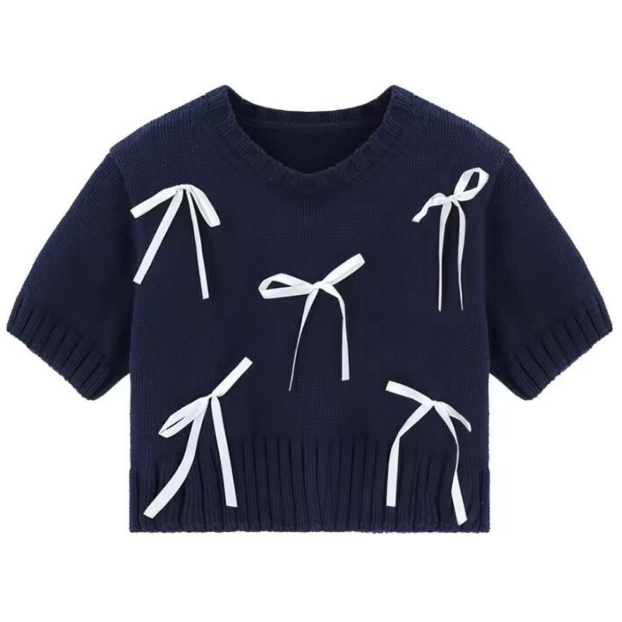 ミニリボン サマーニット トップス-ネイビー