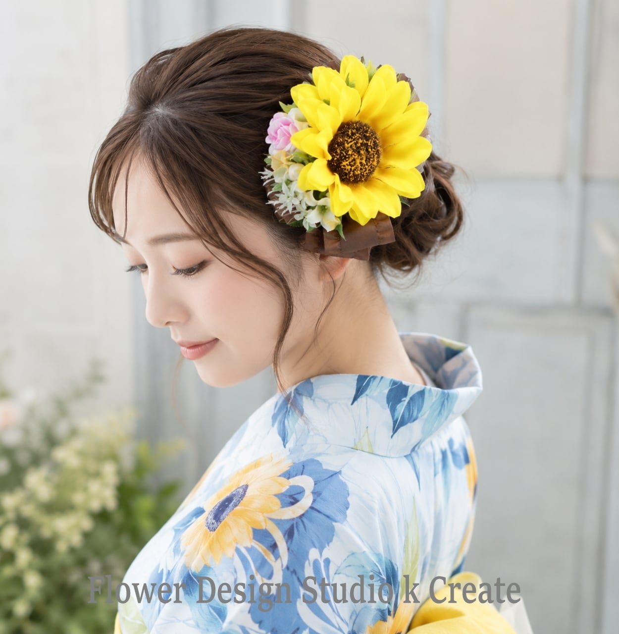 向日葵とピンクの薔薇のリボンヘアクリップ 向日葵 おでかけ 浴衣 髪飾り ヒマワリ ひまわり 浴衣髪飾り ブラウン 茶色 黄色
