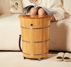 【キャスター付き天然木足湯桶】静音ストッパー搭載｜丸み設計・フットバス・木製足湯バケツ