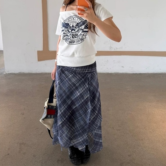ワンショルダーレトロエンブレムグラフィックTシャツ 2col R02446