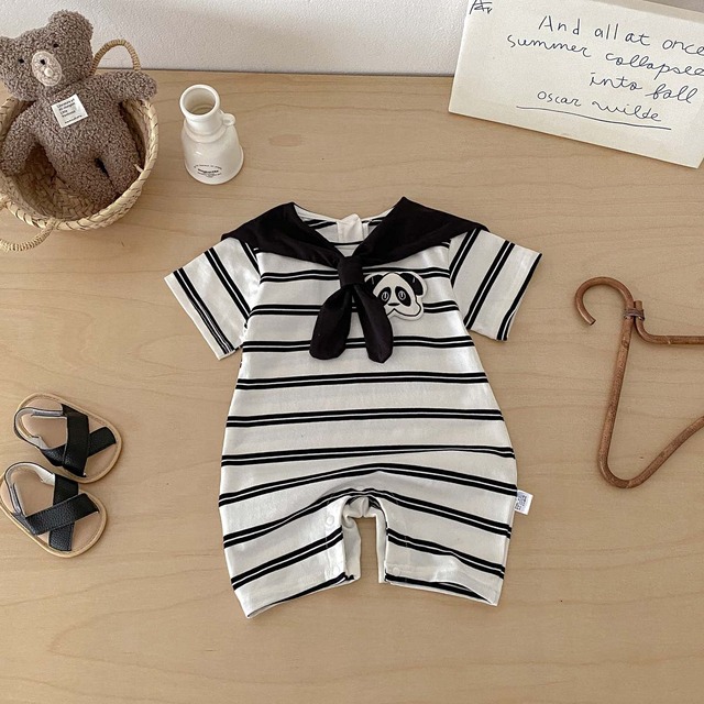 【BABY】パンダモチーフストライプセーラー半袖ロンパース - 9