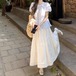 【2点セット】パフスリーブリボンブラウス＋レースヘムティアードマキシスカート ・78261