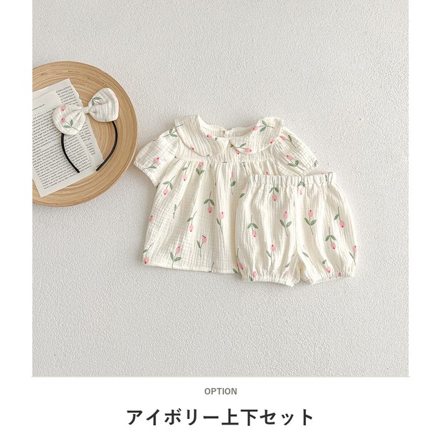【姉妹服】チューリップ柄ガーゼロンパース/上下セットアップ - 3