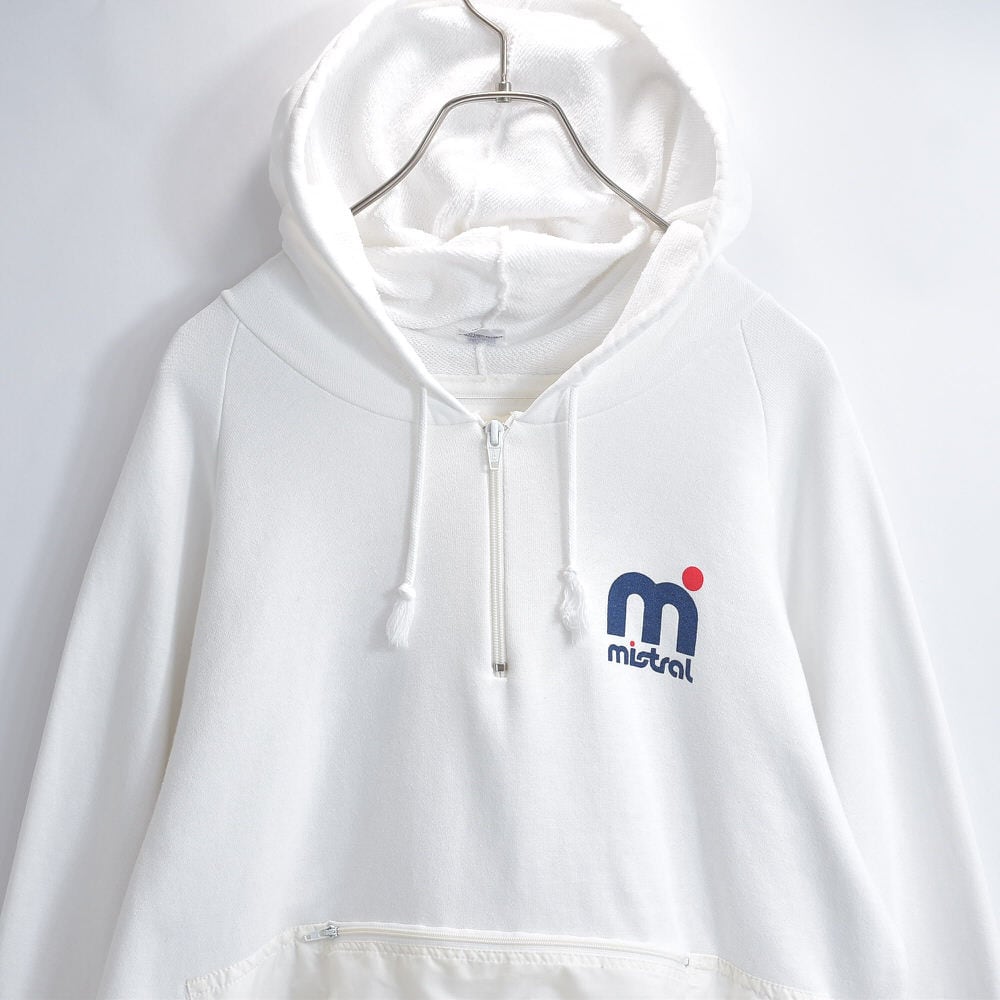 80~90s 日本製 mistral ミストラル ダブルフード ギミック 異素材切替 ハーフジップ プルオーバー パーカー ジャパンヴィンテージ ビンテージ 古着 メンズM相当
