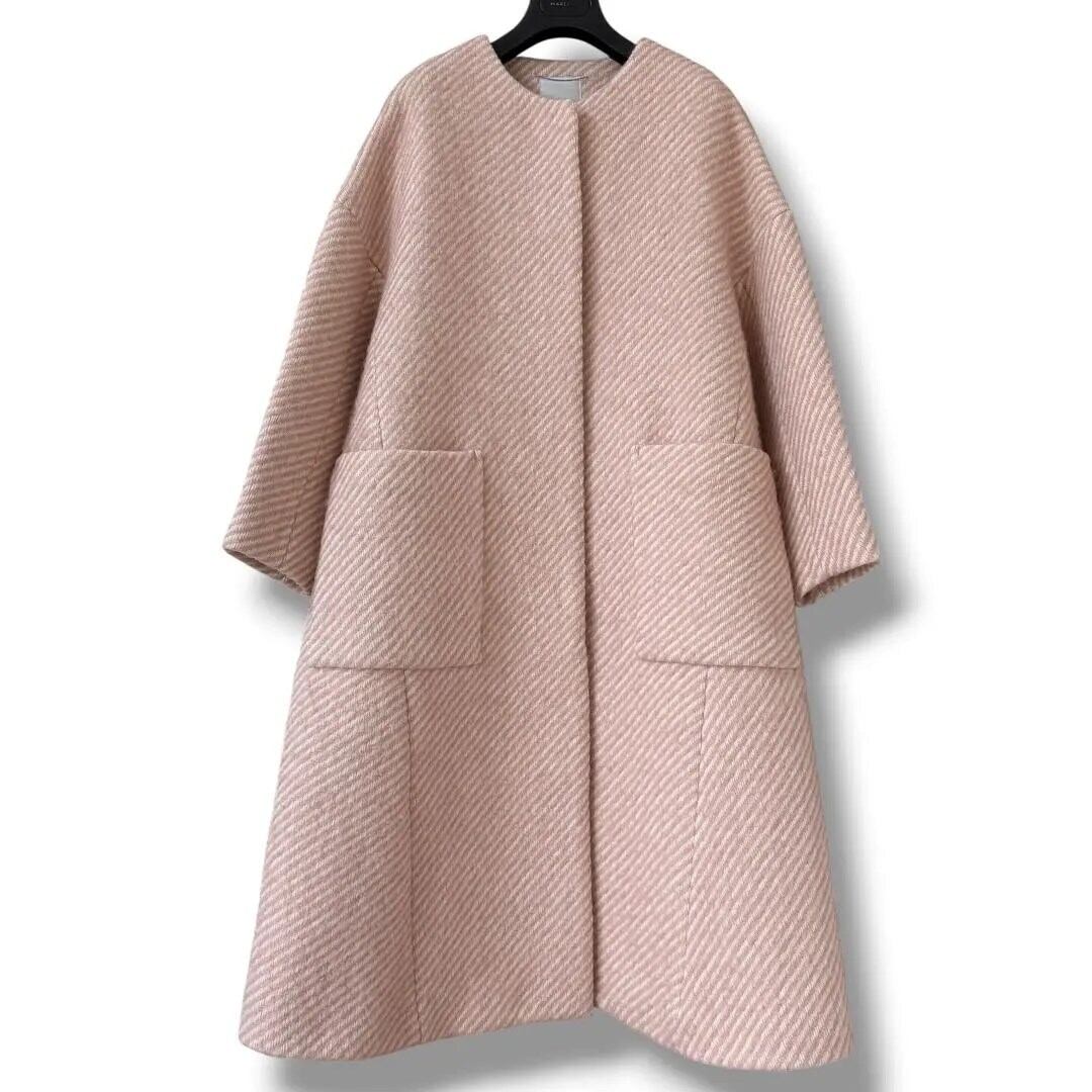 美品 ebure モヘアリングカルゼ ヘリンボーン織り ノーカラーコート ピンク 美品 ebure モヘアリングカルゼ ヘリンボーン織り ノーカラーコート