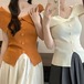 2024夏トップス シャツ 半袖 オフショルダー ボタン スリム 細見え 夏 白 オレンジ 黒 おしゃれ かわいい 韓国ファッション レディース お出かけ