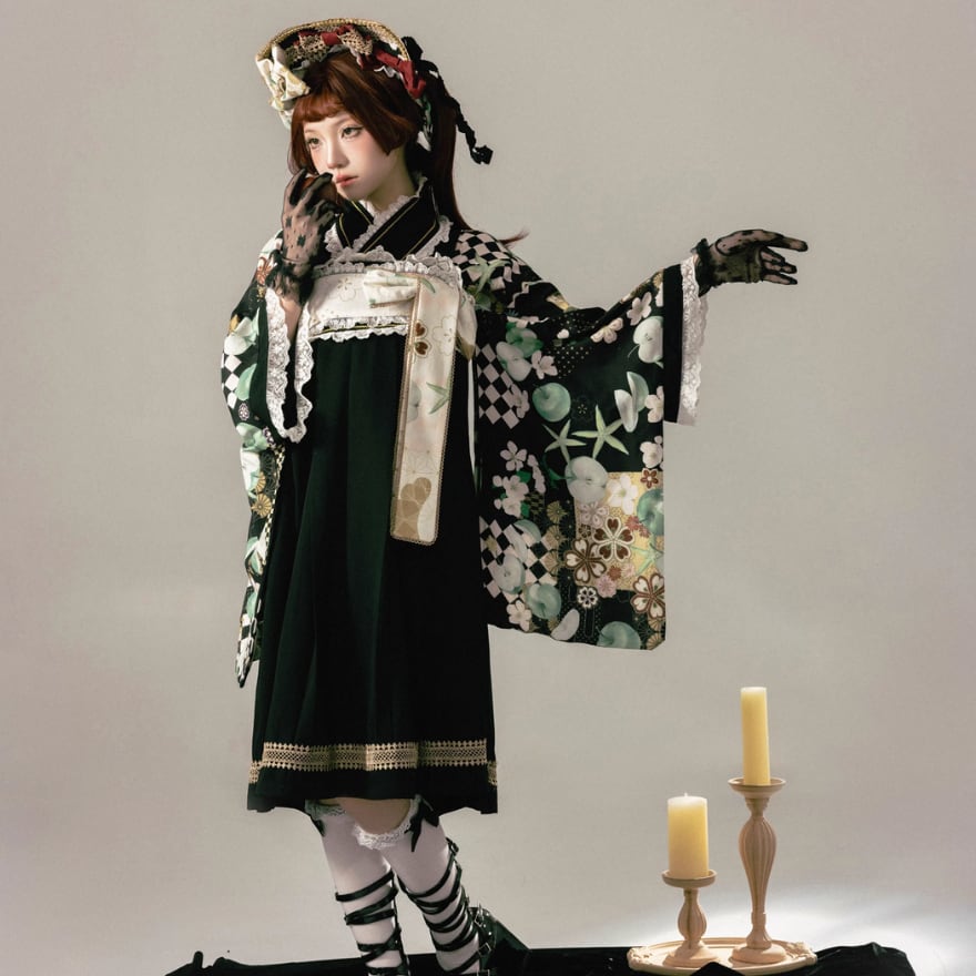 SEASONZ 1点のみ 国内発送 ファッション 和ロリ 着物 振袖 柄物 和装 2点 フルセット 和装 着物 振袖 無地ジャンパースカート リボン カチューシャ 花柄 バーガンディ 大正浪漫 大人きれいめ ゴシック