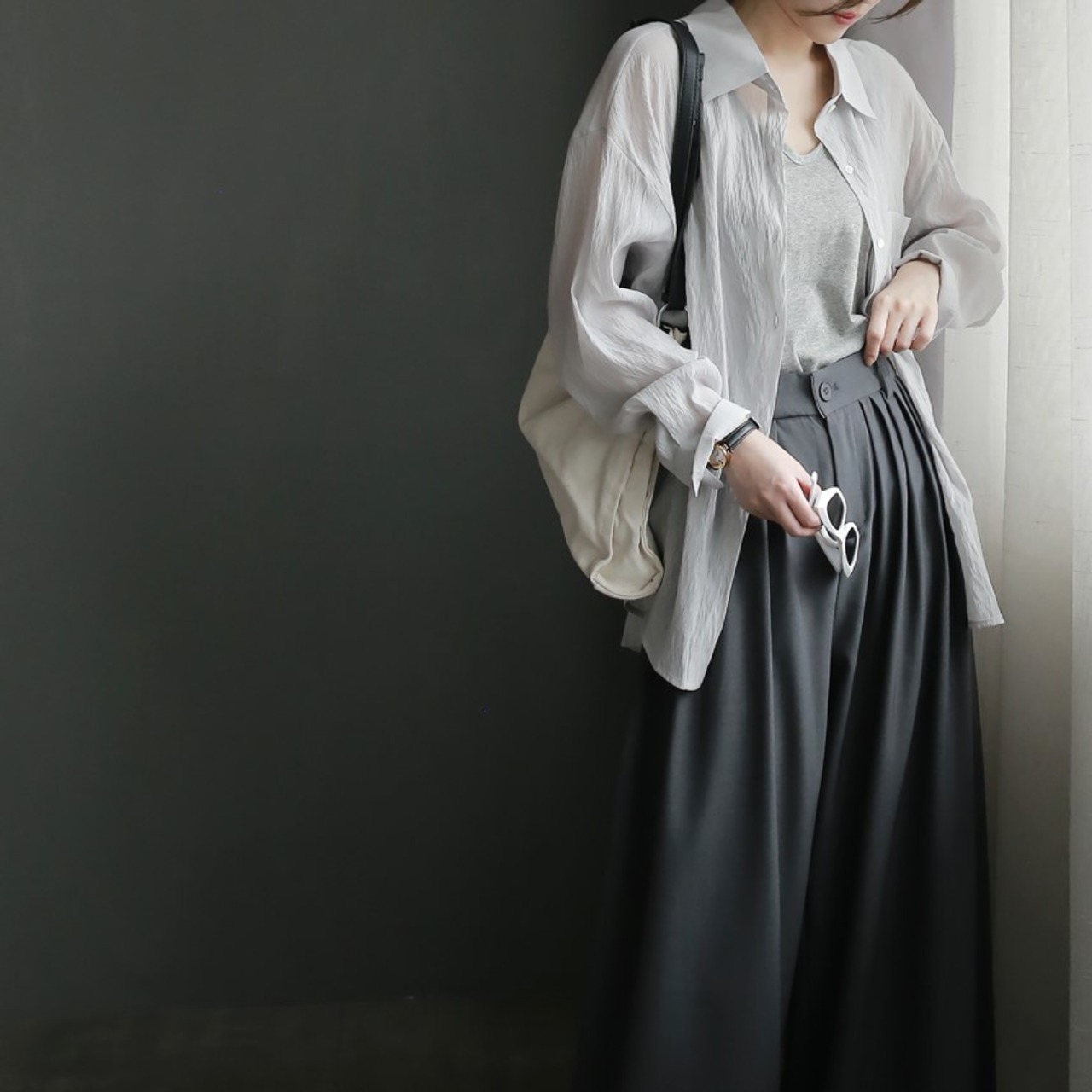 インナー付きドロップショルダーシャツ A01160