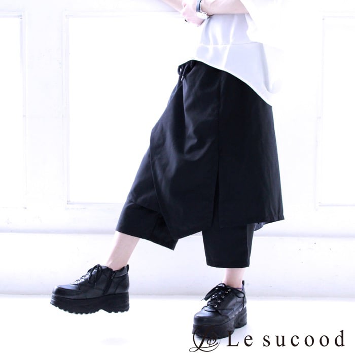 Le sucood】btm015 7分丈 デザイン袴パンツ 変形 ワイドパンツ
