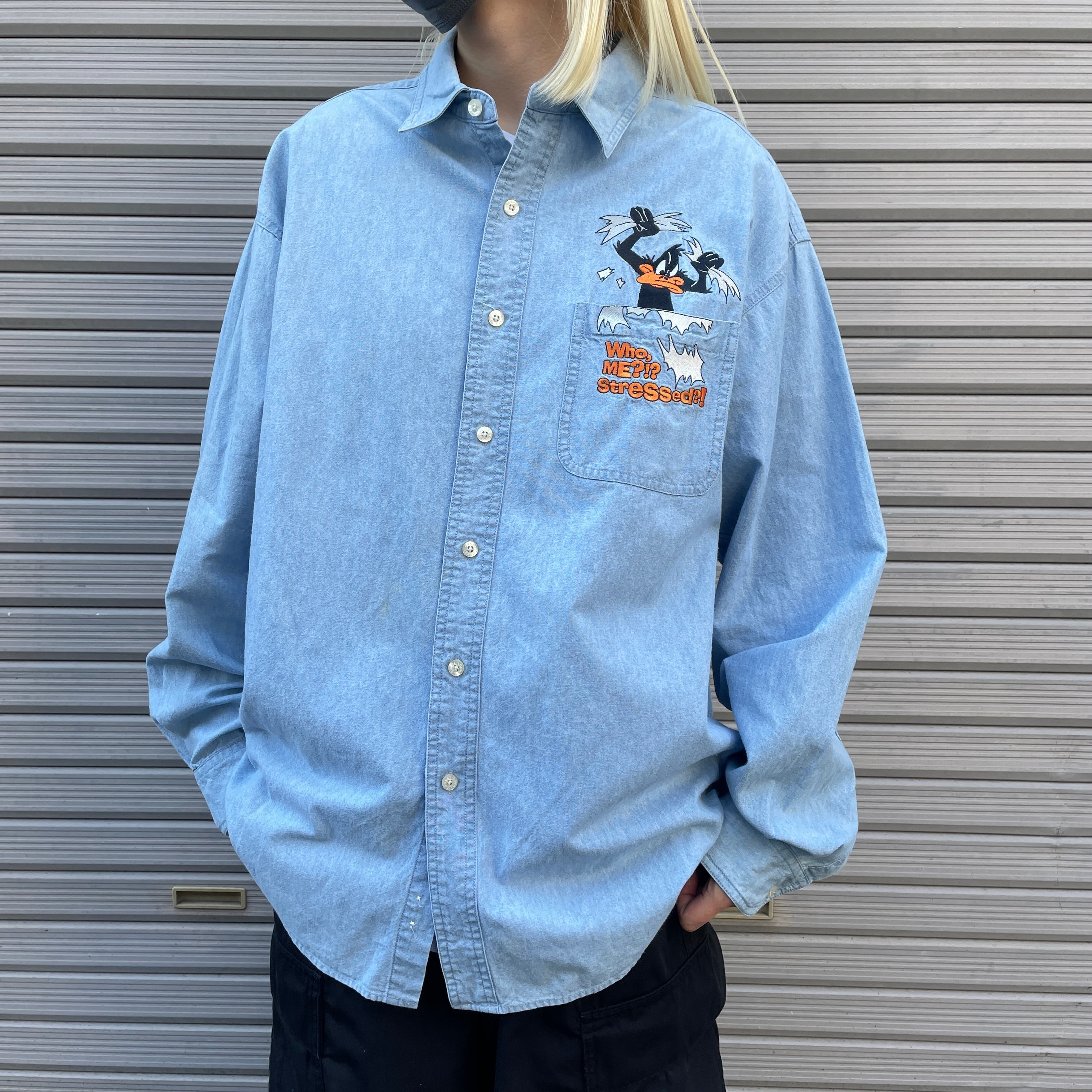 「ラルフローレン」(XL)長袖デニムシャツ 刺繍ロゴ ボタンダウン  90s