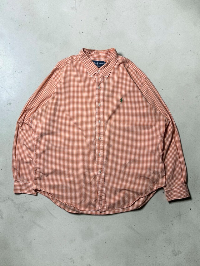 Ralph Lauren Orange Gingham Check Classic Fit Green Pony Button Down Long Sleeve Shirt