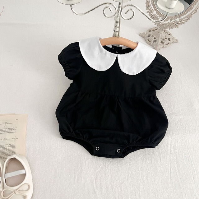 【BABY】ベティ丸襟パフスリーブ半袖ブラックロンパース - 5