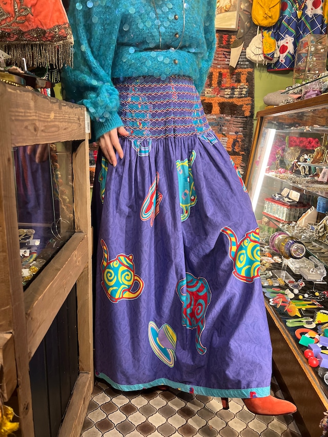 Jeanne Marc purple × tea set print cotton skirt ( ジェーン マーク パープル ティーセット柄 コットン スカート
