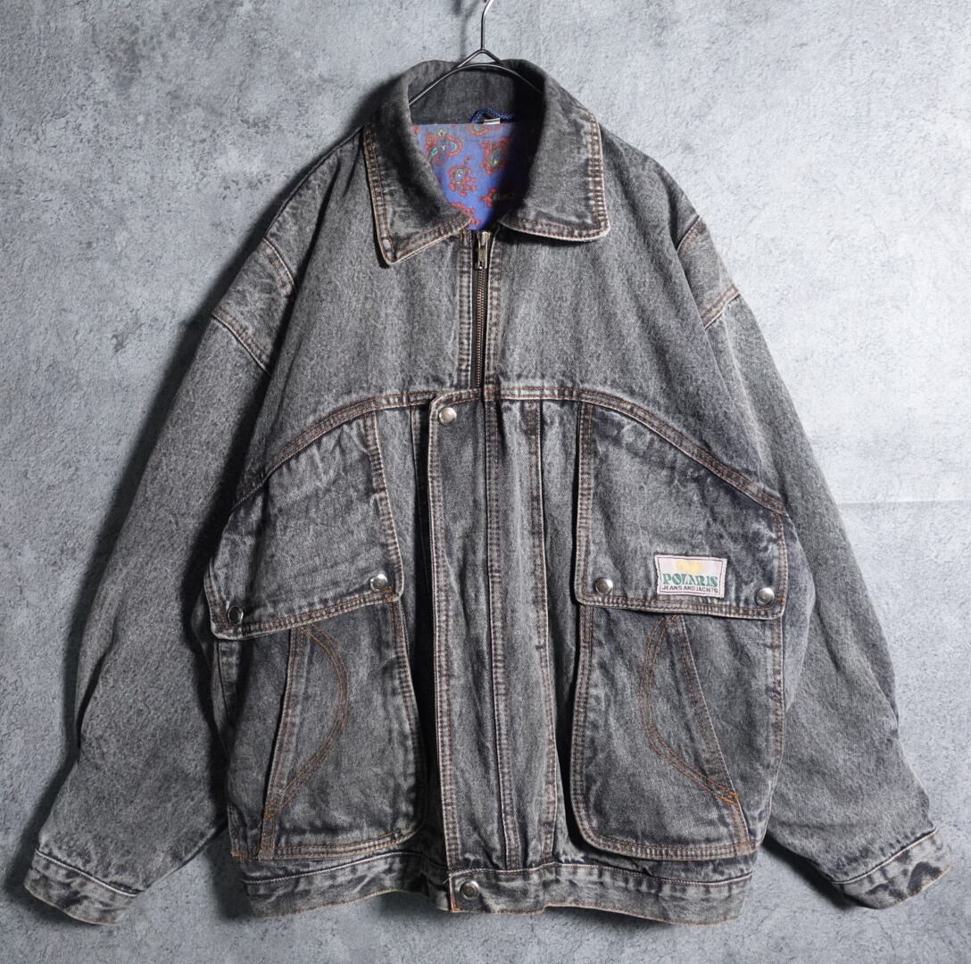 Paisley pattern zip design black denim jacket