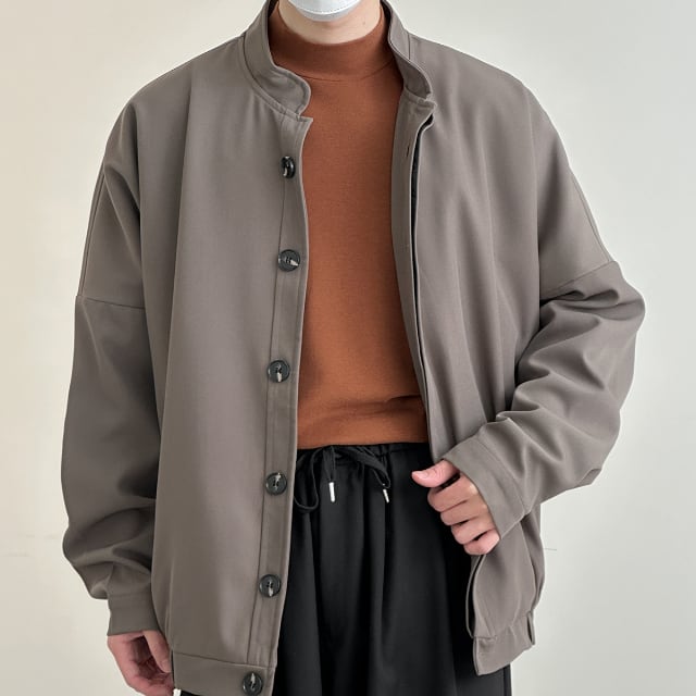 【予約販売】ブルゾン アウター ジップアップ 無地 スタンドカラー ボタン レトロ グレージュ ジャケット シンプル シック ショート丈 メンズ カジュアル 男前 こなれ感 お洒落 韓国 トレンド 春 秋 M/L/XL/2XL