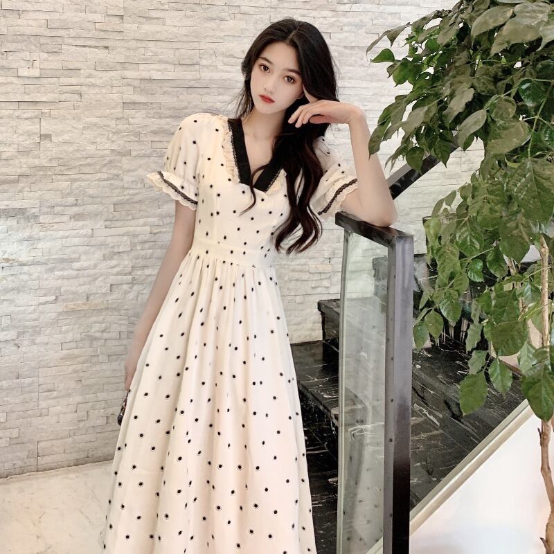 レトロな水玉フレンチドレスレディースサマードレス2020ニューウエストスリミングVネックミドル丈Aラインスカート 1号婦人14279788389