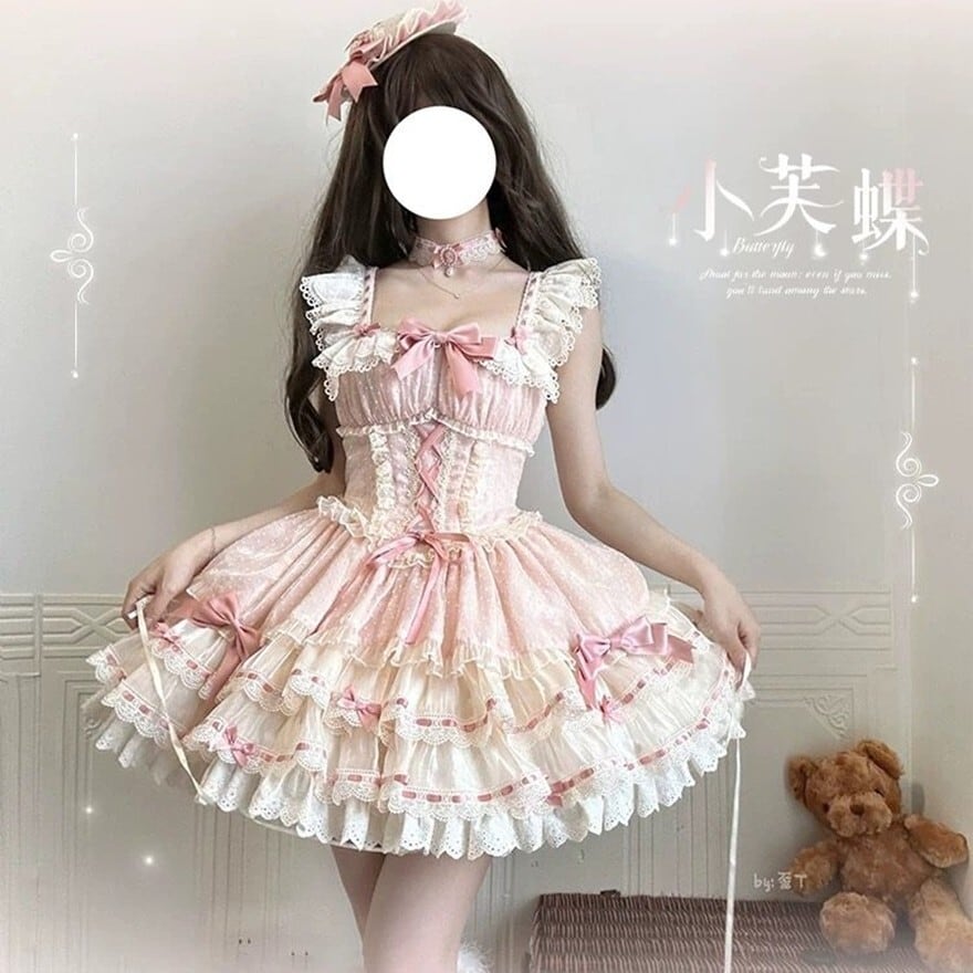 甘ロリ ピンクリボンレースJSK ミニ丈フリルジャンパースカート