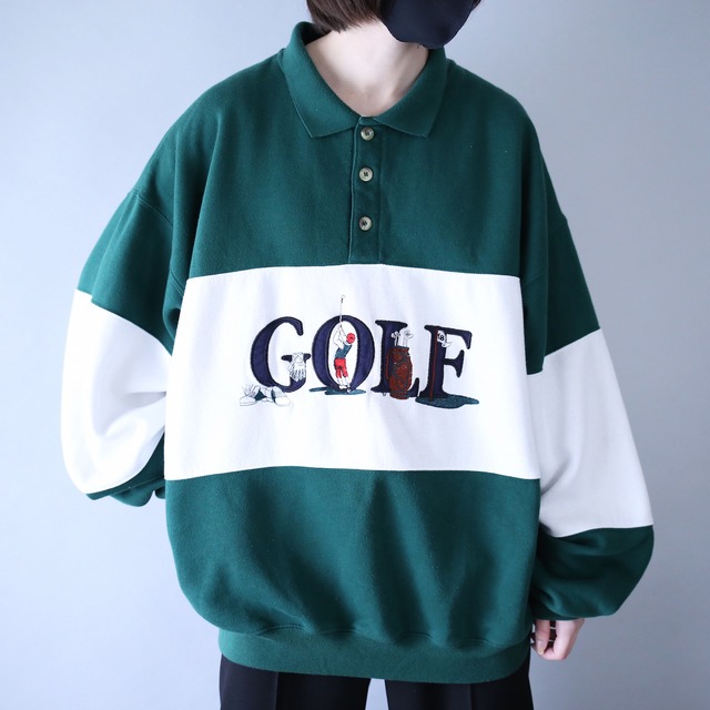 bi-color switching golf embroidery design loose sweat pullover