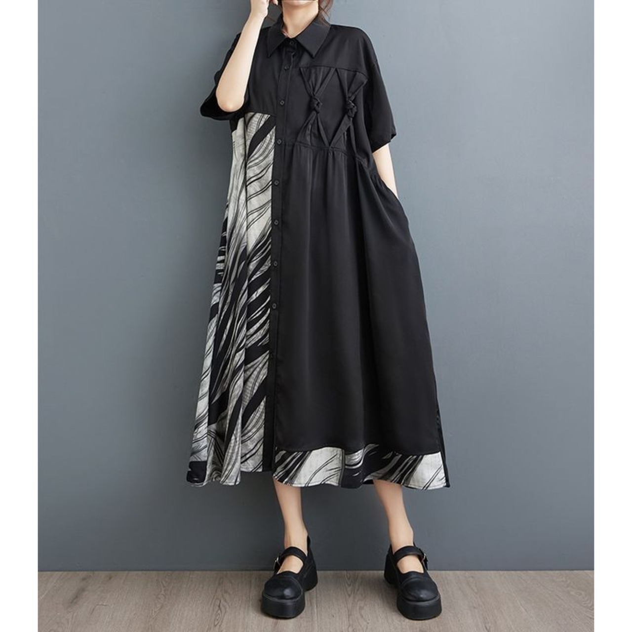 アシンメトリー 結びモチーフ シャツワンピース  30092