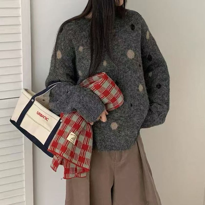 【tops】ドット柄ニットトップス Q7776