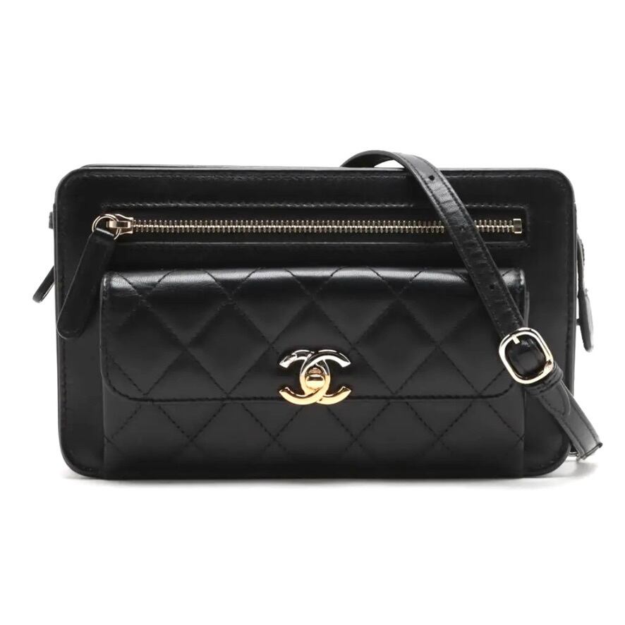 Extremely Rare ◇ CHANEL Matelassé Lambskin Waist Bag / Shoulder Bag, Single Flap, Black, Silver Hardware, Gold Hardware