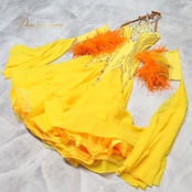 社交ダンス 衣装 スタンダードドレス スタンダード ドレス ワンピース 黄色 羽 デモ 競技 ダンス パーティ 発表会 イエロー系 オレンジ系 フロア映え 豪華 ドレス レオタード 高級感 舞台