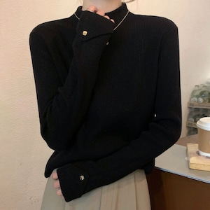 ハイネック リブニット 長袖 レディース 韓国 春秋冬 ニット きれいめ 大人 カジュアル おしゃれ 袖ボタン シンプル 通勤 無地 伸縮性 大人可愛い 大人女子